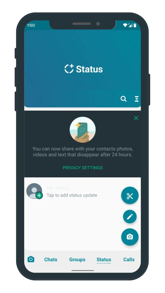 Status page on Whatsapp Plus v17.52 APK