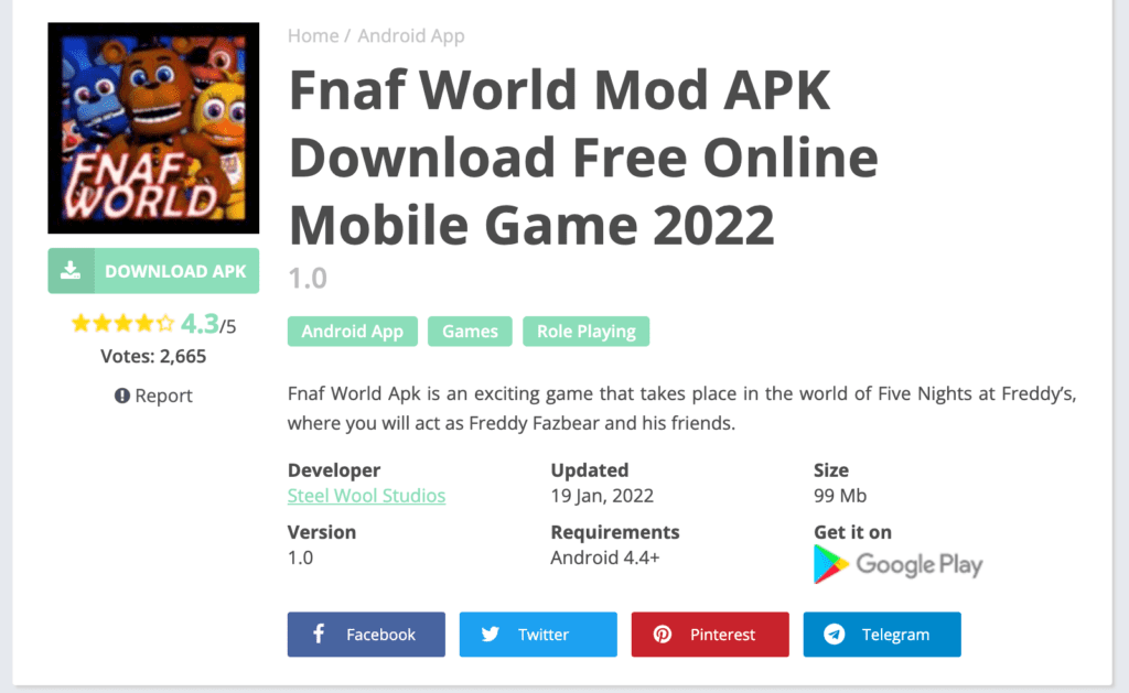Click on download button Fnaf World Mod APK