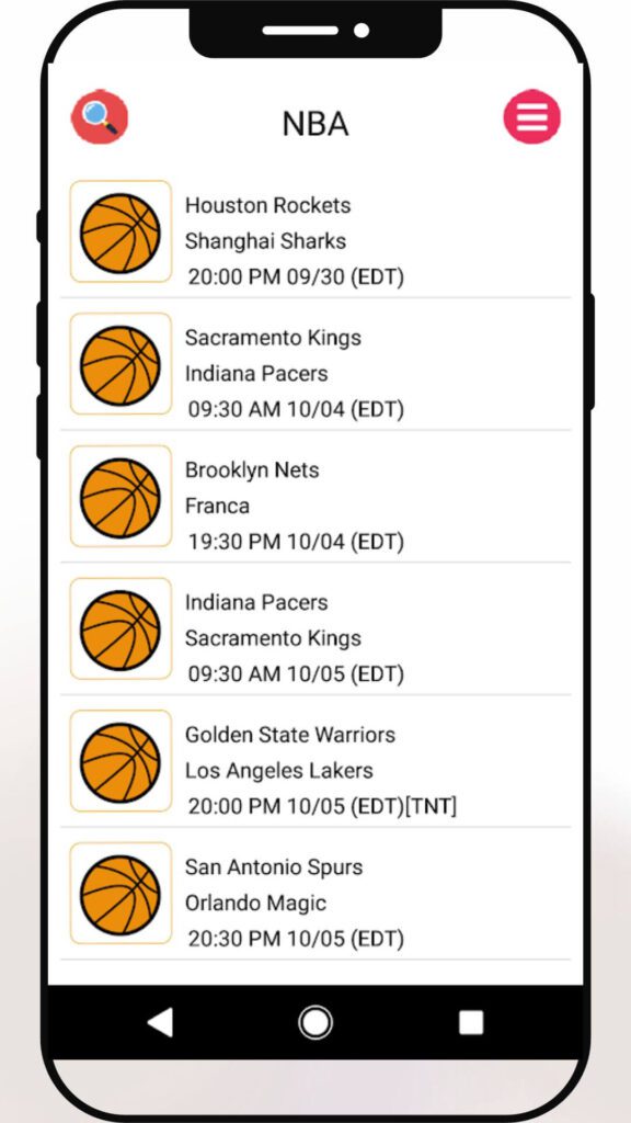 Match list in Live Sports Pro